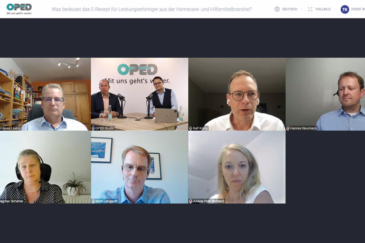Diskutierten über das E-Rezept im Hilfsmittelbereich: obere Reihe v.l. Internist Andreas Lipécz, Oped-Geschäftsleiter Michael Silbernagl, Moderator Güven Karakuzu (IT-Labs), Ralf König (Health Innovation Hub), Hannes Neumann (Gematik).  untere Reihe v.l.: Dagmar Scherrer (Leitung Fresucare Services), E-Health-Berater Mark Langguth und Juliane Pohl, Leiterin Referat Ambulante Gesundheitsversorgung BVMed. (Foto: Screenshot)