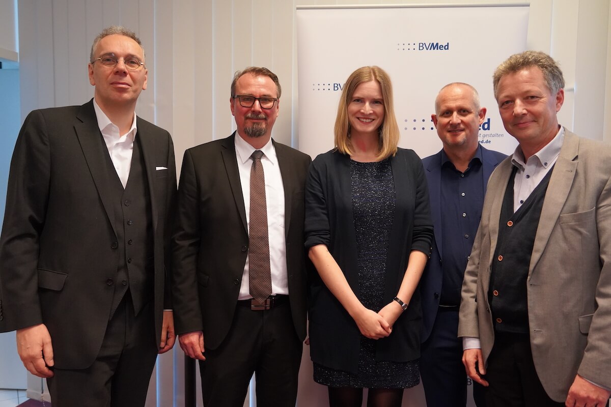 Referenten des BVMed-Digital-Talks 2020 (v.l.): Dr. Marc-Pierre Möll, Sebastian Lempfert, Natalie Gladkov, Detlef Chruscz, Prof. Dr. Thomas Zahn (Fotos: BVMed)