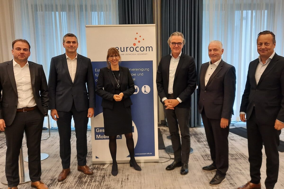 Vorstand und Geschäftsführung der Eurocom (v. l.): Vorsitzender Jürgen Gold (Julius Zorn GmbH), Stefan Geiselbrechtinger (Oped), Eurocom-Geschäftsführerin Oda Hagemeier, Walter Michael Leuthe (Sporlastic), Michael Ullrich (Bauerfeind), Dirk Treiber (Medi). (Foto: Eurocom)
