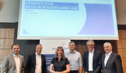 Eurocom-Vorstand und Geschäftsführung (v.l.): Vorsitzender Jürgen Gold (Julius Zorn), Dirk Treiber (Medi), Oda Hagemeier (Eurocom-Geschäftsführung), Stefan Geiselbrechtinger (Oped), Walter Michael Leuthe (Sporlastic), Michael Ullrich (Bauerfeind) Foto: Eurocom