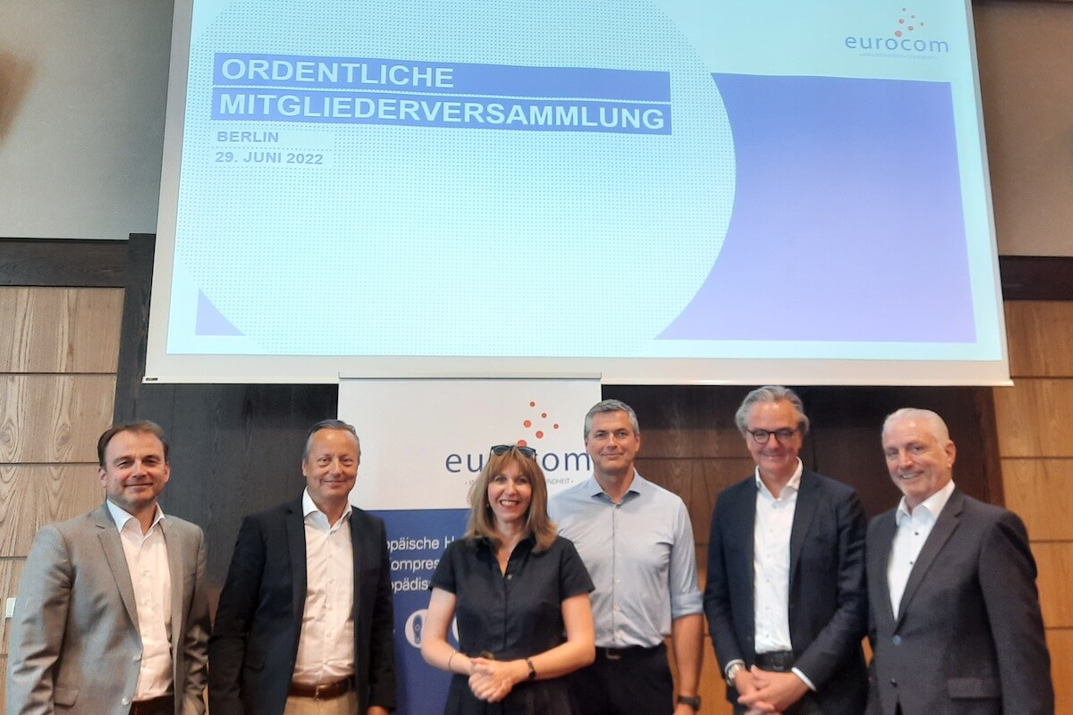 Eurocom-Vorstand und Geschäftsführung (v.l.): Vorsitzender Jürgen Gold (Julius Zorn), Dirk Treiber (Medi), Oda Hagemeier (Eurocom-Geschäftsführung), Stefan Geiselbrechtinger (Oped), Walter Michael Leuthe (Sporlastic), Michael Ullrich (Bauerfeind) Foto: Eurocom