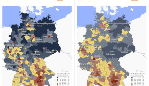 Das GfK-Karten zeigen die regionale Verteilung der Kaufkraft für Gesundheits- und Pflegeprodukte in Deutschland im Jahr 2020 (Grafik: GFK)