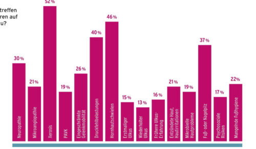 23% der Diabetes-Erkrankten gelten als Risikopatienten für ein Dialektisches Fußsyndrom. Risikofaktoren wie Neuropathie (30%), Hauttrockenheit (52%), oder Druckfehlbelastungen (40%) sind weit verbreitet. (Grafik: Gehwol Diabetes Report)