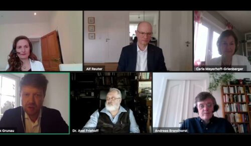 Carla Meyerhoff-Grienberger, Referatsleiterin beim GKV-Spitzenverband, und Andreas Brandhorst, Referatsleiter BMG, diskutierten mit Vertretern des Bündnisses „Wir versorgen Deutschland“ über die Hilfsmittelversorgung. (Foto: Screenshot)