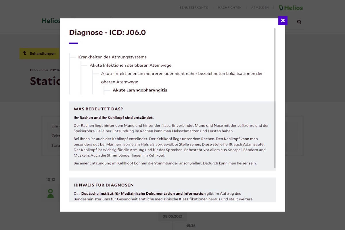 Im Helios Patientenportal werden Fachbegriffe, Diagnosen und Maßnahmen erklärt. (Foto: Screenshot Helios Kliniken)