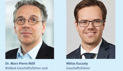 Dr. Marc-Pierre Möll, Geschäftsführer und Vorstandsmitglied des BVMed (l.), und Niklas Kuczaty, Geschäftsführer der VDMA Arbeitsgemeinschaft Medizintechnik. (Fotos: BVMed/VDMA)
