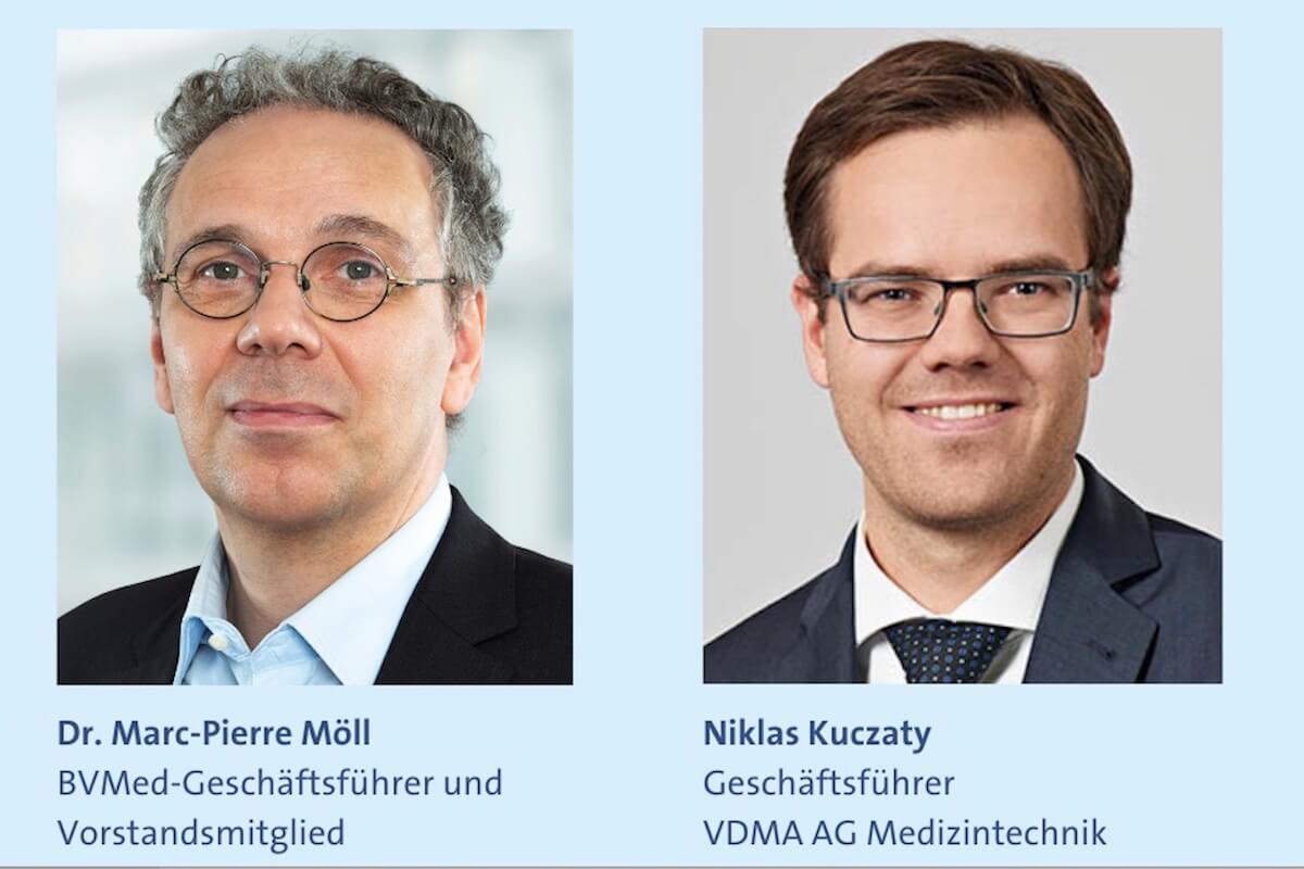 Dr. Marc-Pierre Möll, Geschäftsführer und Vorstandsmitglied des BVMed (l.), und Niklas Kuczaty, Geschäftsführer der VDMA Arbeitsgemeinschaft Medizintechnik. (Fotos: BVMed/VDMA)