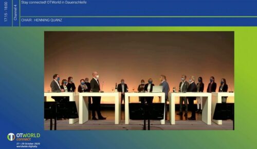 „Bitte alle auf die Bühne“ hieß es zum Abschluss der OTWorld.connect in Leipzig. (Foto: Screenshot)