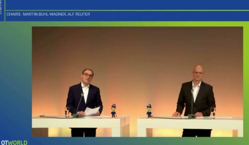 Martin Buhl-Wagner (Leipziger Messe, l.) und Alf Reuter bei der Eröffnung der OTWorld.connect 2021. (Foto: Screenshot)