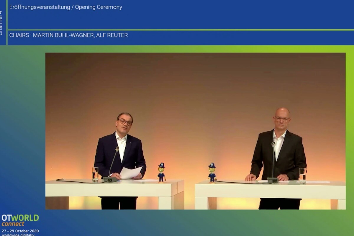 Martin Buhl-Wagner (Leipziger Messe, l.) und Alf Reuter bei der Eröffnung der OTWorld.connect 2021. (Foto: Screenshot)