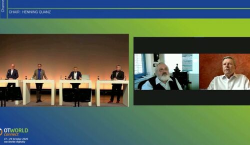 Alf Reuter (BIV-OT), Ben Bake (Sanitätshaus Aktuell), Jens Sellhorn (Rehavital), Dr. Axel Friehoff (Egroh) und Stephan Jehring (Zentralverband OST) diskutierten über die Herausforderungen der Hilfsmittelbranche. (Foto: Screenshot)