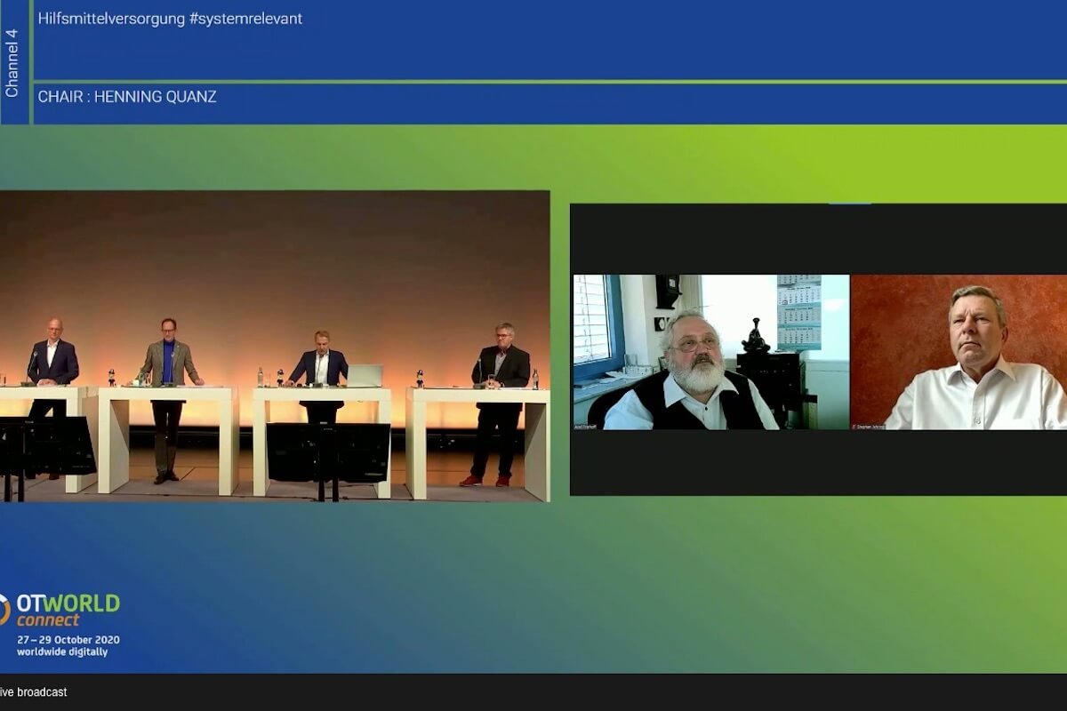 Alf Reuter (BIV-OT), Ben Bake (Sanitätshaus Aktuell), Jens Sellhorn (Rehavital), Dr. Axel Friehoff (Egroh) und Stephan Jehring (Zentralverband OST) diskutierten über die Herausforderungen der Hilfsmittelbranche. (Foto: Screenshot)