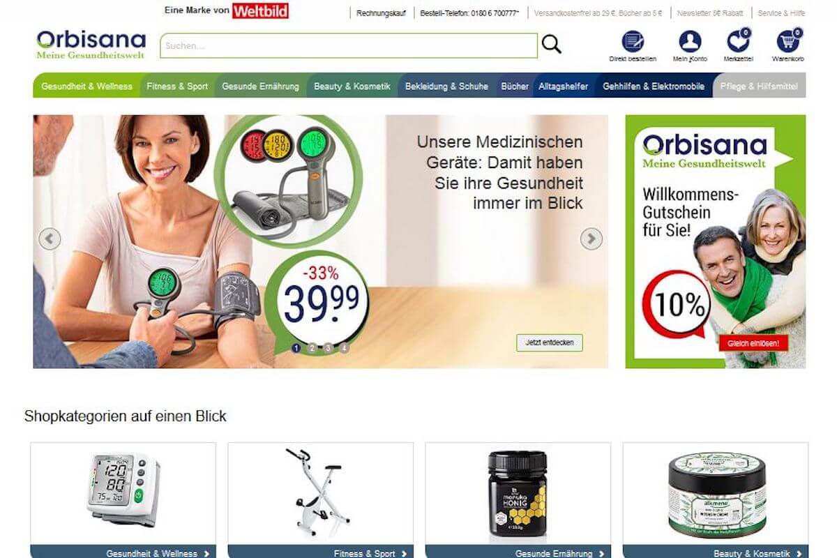 Startseite des digitalen Gesundheitskaufhauses www.orbisana.de (Foto: Weltbild)