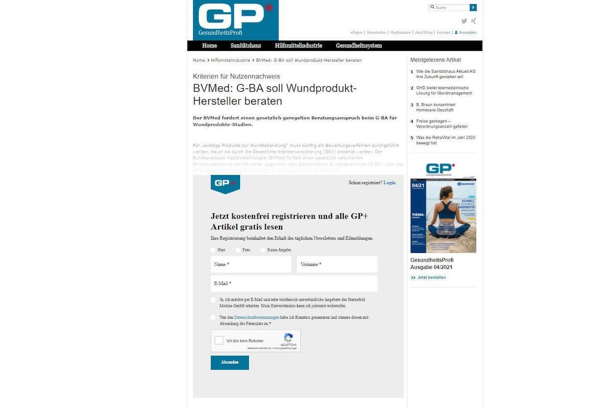 Um die Beiträge auf gesundheitsprofi.de lesen zu können, müssen Sie sich einmalig registrieren. (Foto: Screenshot)
