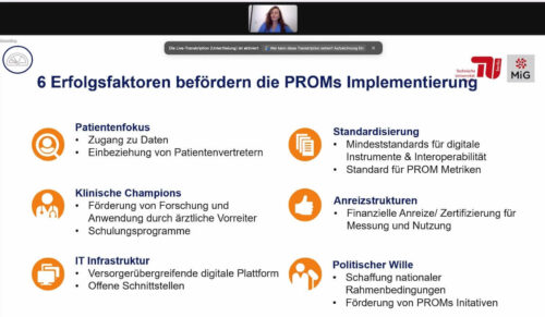 Viktoria Steinbeck, Wissenschaftliche Mitarbeiterin im Fachgebiet Management im Gesundheitswesen der TU Berlin, gab einen Überblick über Patient-Reported Outcome Measures (PROMs). (Foto: Screenshot)