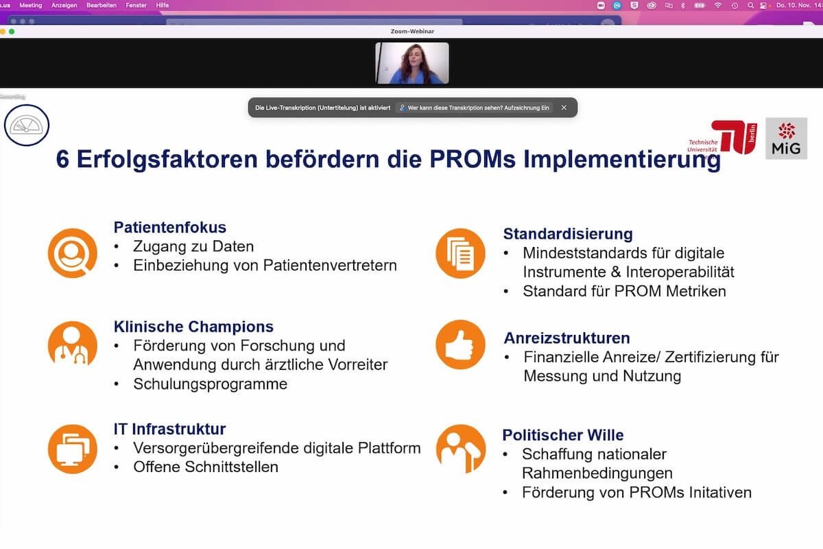 Viktoria Steinbeck, Wissenschaftliche Mitarbeiterin im Fachgebiet Management im Gesundheitswesen der TU Berlin, gab einen Überblick über Patient-Reported Outcome Measures (PROMs). (Foto: Screenshot)