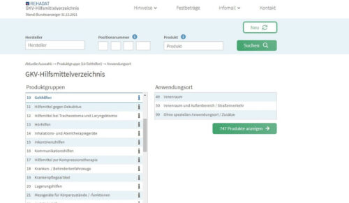 Unter www.rehadat-gkv.de können sich Interessierte über das Hilfsmittelverzeichnis informieren. (Screenshot: Rehadat)