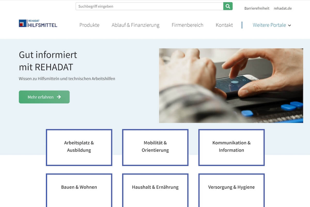 Das Portal Rehadat-Hilfsmittel zeigt sich in einem neuen Layout. (Screenshot: REHADAT)