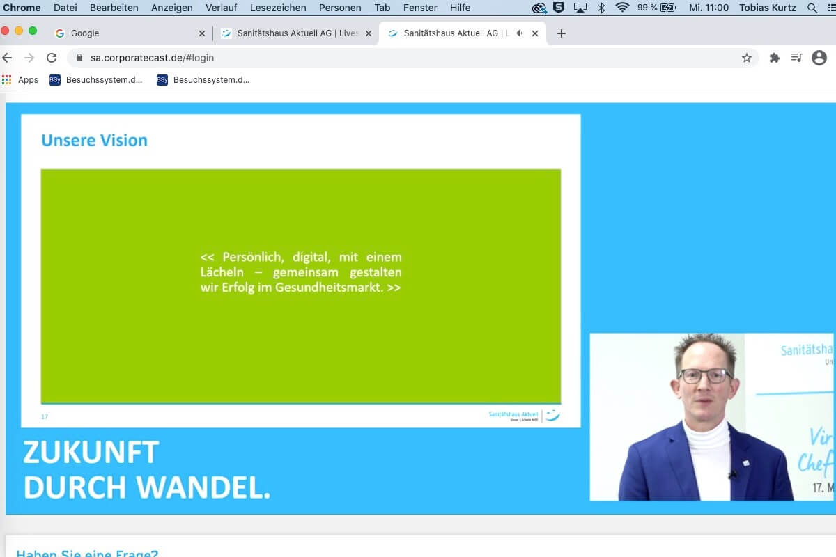 Ben Bake, Vorstandsvorsitzender der Sanitätshaus Aktuell AG, stellte die künftige Strategie der Gruppe vor. (Foto: Screenshot)