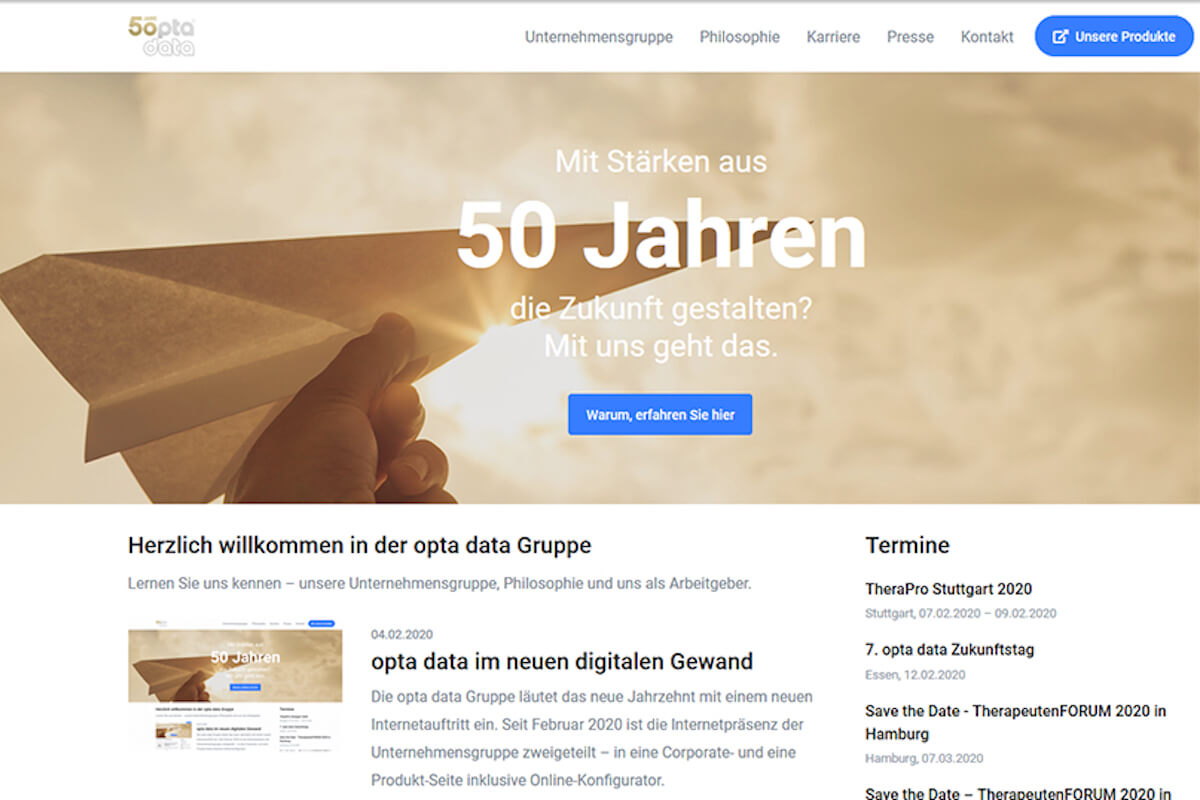 Die Opta Data Gruppe präsentiert sich im Internet ab sofort mit einem zweigeteilten Auftritt. (Screenshot: Opta Data Gruppe)
