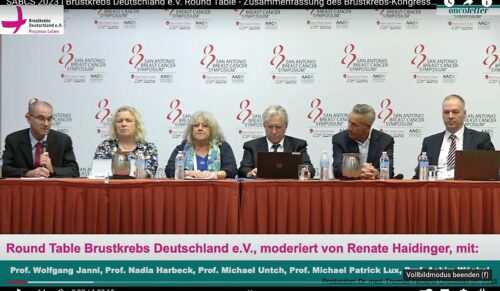 Stellten aktuelle Studienergebnisse vom San Antonio Brustkrebskongress 2023 vor (v.l.): die Brustkrebsexperten Prof. Wolfgang Janni, Prof. Nadia Harbeck, Moderatorin Renate Haidinger (Brustkrebs Deutschland), Prof. Michael Untch, Prof. Michael Patrick Lux und Prof. Achim Wöcke. (Foto: Screenshot)