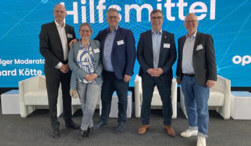 Diskutierten über aktuelle Themen der Hilfsmittelleistungserbringer und den Stand der eVerordnung Hilfsmittel (v.l.): BIV-OT-Präsident Alf Reuter, Kirsten Abel (Generalsekretärin „Wir versorgen Deutschland“), Rehavital-Geschäftsführer Jens Sellhorn, Sanitätshaus Aktuell AG-Vorstand Ulf Doster und Markus Jochem, Versorgungsmanagement Techniker Krankenkasse (Foto: Redaktion)
