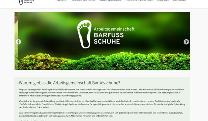 Auf der Website der AG Barfußschuhe will der GMS Verbund Endkunden übersichtlich informieren. (Screenshot: ag-barfussschuhe.de)