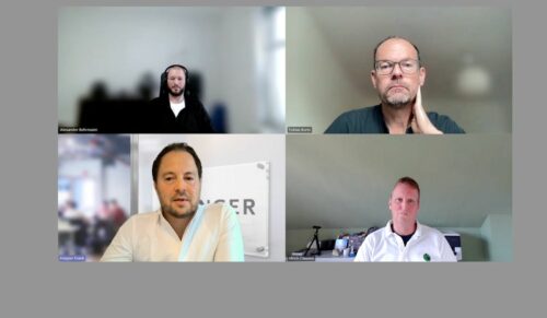 Diskutierten über Chancen des regionalen Sanitätsfachhandels (im Uhrzeigersinn): Alexander Behrmann (Sanitätshaus Behrmann), Tobias Kurtz (GP), Ulrich Clausen (Vital-er-leben) und Frank Hepper (Springer Berlin) (Foto: Screenshot)