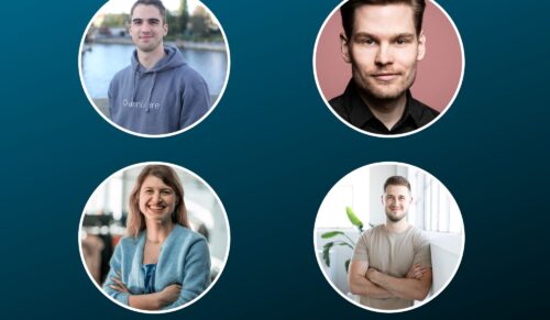 Auf der Expolife diskutieren Shane Füller (Anni.care), Julien Kensicki (Sanistar), Diana Heinrich (Lindera) und Thorben Engel (Steets) mit GP-Redakteurin Laura Klesper zum Gründen in der Gesundheitsbranche. (Foto: Redaktion)