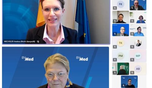 MdEP Prof. Dr. Andrea Wechsler beim Online-Format „Aktuelle Stunde aus Brüssel“ des BVMed (Screenshot: BVMed)