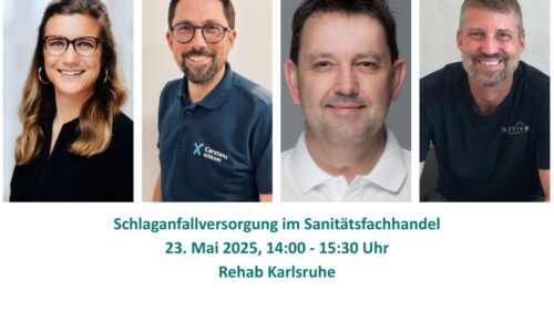 Stellen die Schlaganfallversorgung im Sanitätsfachhandel vor (v.l.): Anna Engel (Stiftung Deutsche Schlaganfall Hilfe), Andreas Trodler (Sanitätshaus Carstens), Olaf Nill (Orthopädie Brillinger) und Moritz Göhring (Adviva). (Fotos: Firmen, Collage: Sternefeld)
