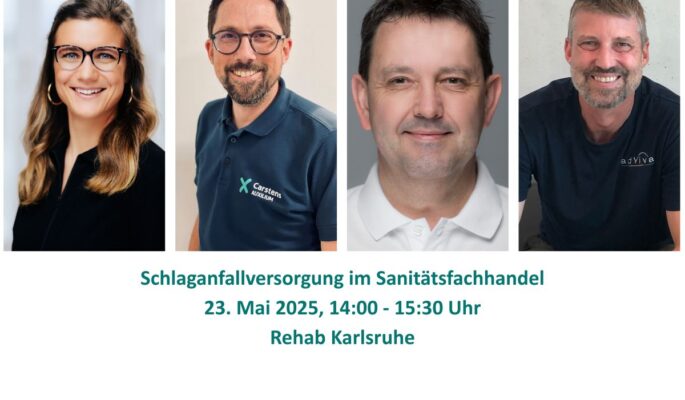 Stellen die Schlaganfallversorgung im Sanitätsfachhandel vor (v.l.): Anna Engel (Stiftung Deutsche Schlaganfall Hilfe), Andreas Trodler (Sanitätshaus Carstens), Olaf Nill (Orthopädie Brillinger) und Moritz Göhring (Adviva). (Fotos: Firmen, Collage: Sternefeld)