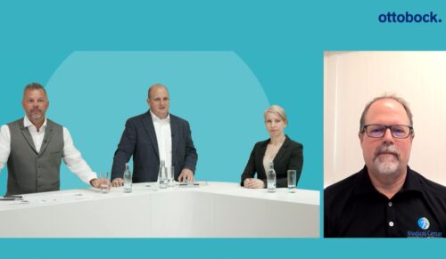 (v.l.n.r.) Moderator Dipl.-Ing. Merkur Alimusaj mit den SpeakerInnen Hans-Magnus Holzfuss, Orthopädietechniker; Dr. Cosima Prahm, Msc BA, klinische Neurowissenschaftlerin und Jamie Vandersea, Orthopädietechniker (Foto: Ottobock)