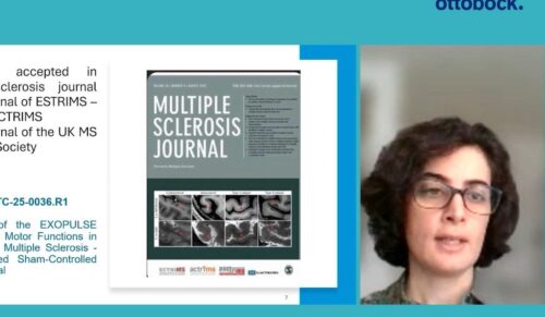 Prof. Samar Ayache sprach über die Ergebnisse einer Studie mit dem Exopulse Mollii Suit bei MS-Patienten. (Screenshot: Ottobock)