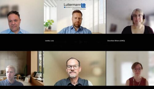 Sprachen über das Thema Nachhaltigkeit in Hilfsmittelverträgen (im Uhrzeigersinn): Michael Zwick, Lutz Lemke, Dorothee Bitters, Laura Klesper, Tobias Kurtz und Louis Junghanns. (Foto: Screenshot