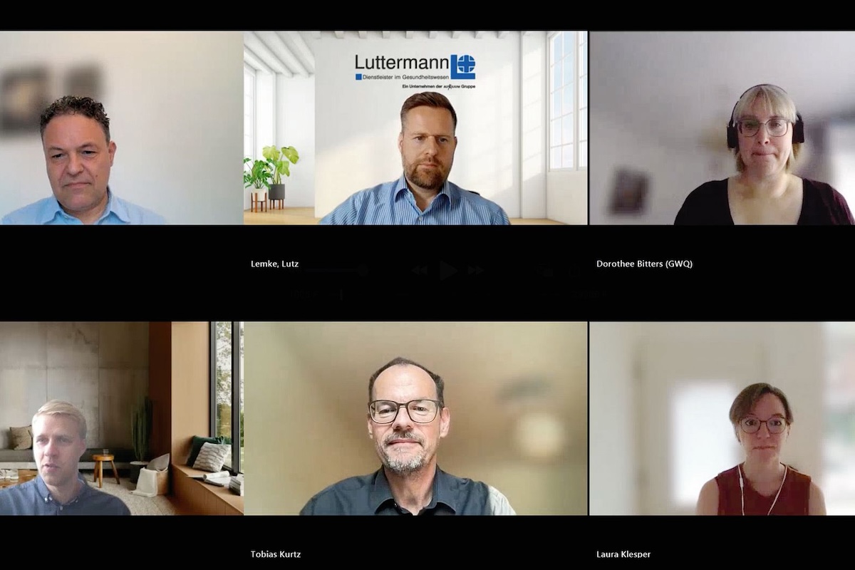 Sprachen über das Thema Nachhaltigkeit in Hilfsmittelverträgen (im Uhrzeigersinn): Michael Zwick, Lutz Lemke, Dorothee Bitters, Laura Klesper, Tobias Kurtz und Louis Junghanns. (Foto: Screenshot