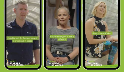 Para-Sportlerin Sophie Loubet, Kathrin Rammin, die mit einem Lymphödem lebt, und John McFall, ESA-Astronaut und beinamputierter Leistungssportler, geben der Jubiläumskampagne „50 years – 50 voices“ der OTWorld 2026 ein Gesicht. (Foto: Leipziger Messe)