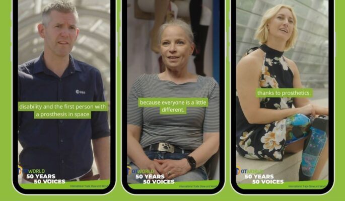 Para-Sportlerin Sophie Loubet, Kathrin Rammin, die mit einem Lymphödem lebt, und John McFall, ESA-Astronaut und beinamputierter Leistungssportler, geben der Jubiläumskampagne „50 years – 50 voices“ der OTWorld 2026 ein Gesicht. (Foto: Leipziger Messe)