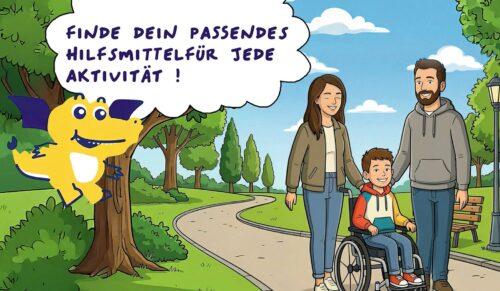 Khimi der kleine Drache begleitet Eltern und Kinder bei der Suche nach dem richtigen Hilfsmittel. (Foto: Auxilium)