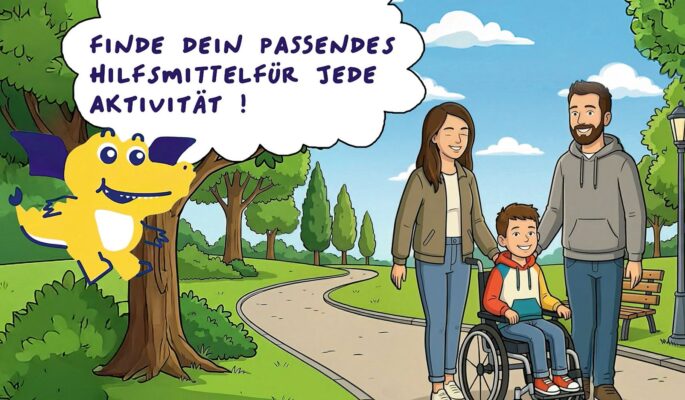 Khimi der kleine Drache begleitet Eltern und Kinder bei der Suche nach dem richtigen Hilfsmittel. (Foto: Auxilium)
