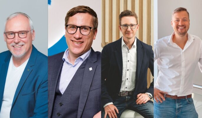 Thomas Piel (Optica), Ulf Doster (Sanitätshaus Aktuell AG), Simon Geib (Ank-Kaiser Sanitätshaus) und Lars Kieroth (Vitalcentrum Hodey) tauschen sich auf dem GP-Forum zu aktuellen Herausforderungen der Hilfsmittelbranche aus. (Foto: Redaktion)